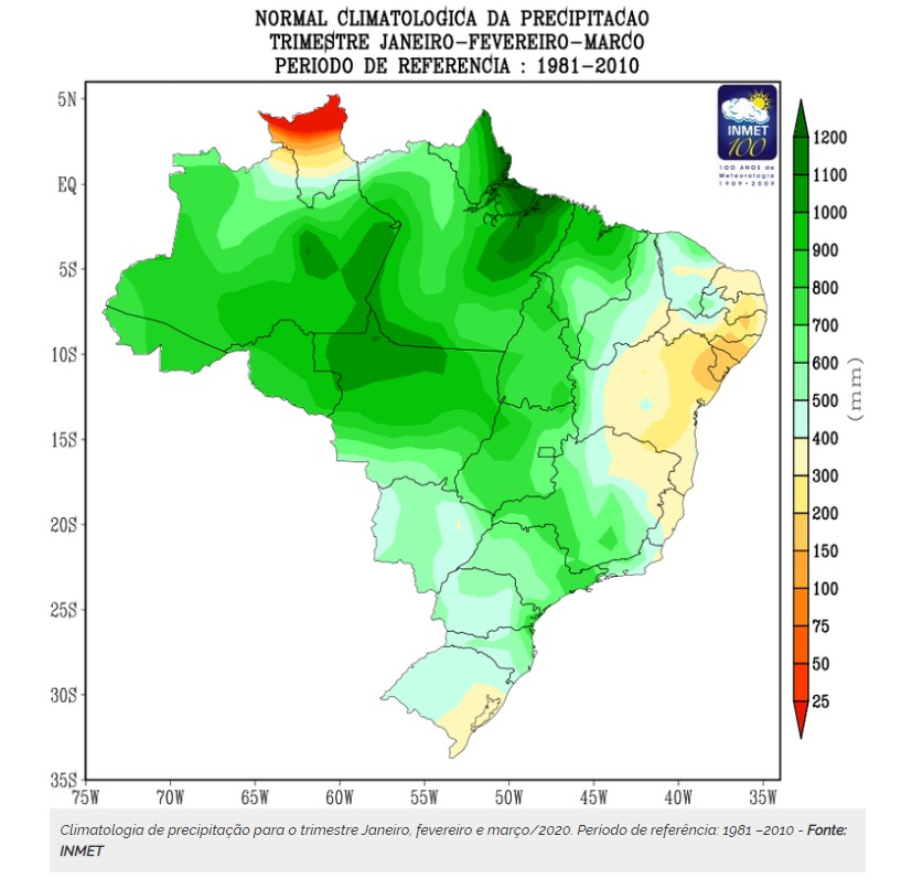 Climatologia de precipitação para o trimestre Janeiro, fevereiro e março/2020